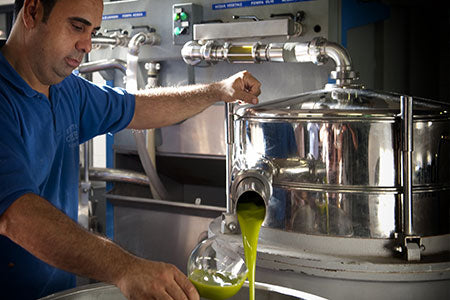Olivenölproduzent mit blauem T-Shirt filtert das Olivenöl unmittelbar nach der Extraktion, um es haltbar zu machen. 