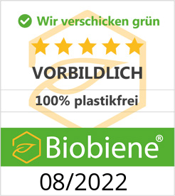 Gelbgrünes Logo von Biobiene auf dem 100% plastikfrei steht und welches im August 2022 ausgestellt wurde